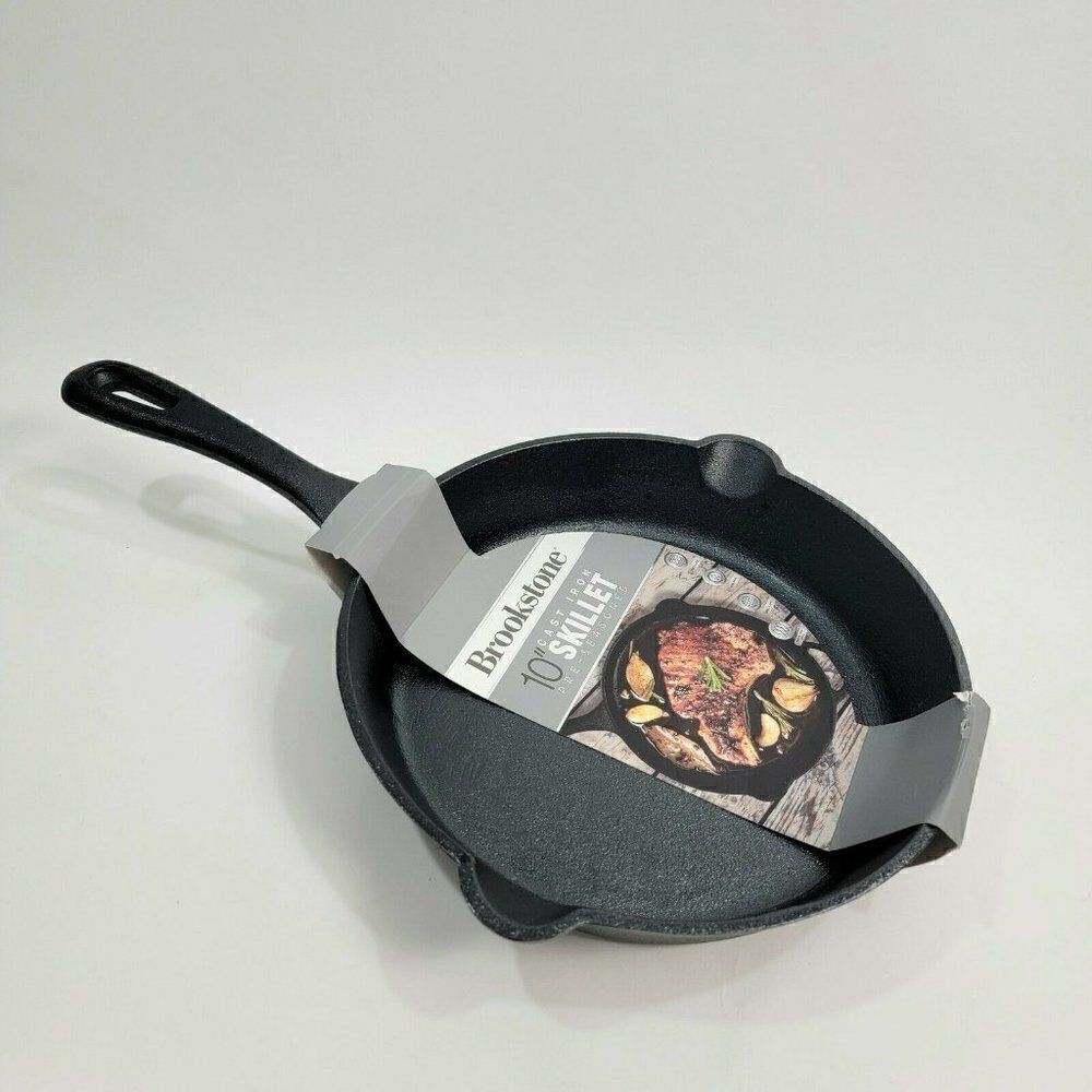 Brookstone 10" Cast Iron Preseason Skillet Double Spout  w Handle‎
